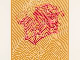 une image représentant un dessin rouge et jaune sur fond blanc