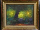 une peinture à l'huile représentant un arbre dans un champ verdoyant