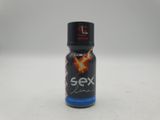 un gros plan d'une bouteille de « sex » posée sur une surface blanche