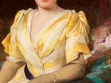 painting of a woman in a yellow dress sitting on a couch