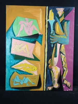 painting of a man standing next to a painting of a woman with a guitar