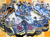 tableau représentant un groupe de personnes vêtues de costumes traditionnels sur fond jaune