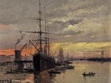 painting of a ship in a harbor at sunset with other boats in the water