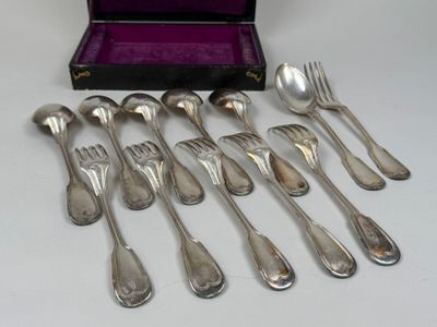 beaucoup de cuillères et de fourchettes en argent dans un coffret violet