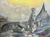 une peinture représentant une peinture d'un train traversant un pont