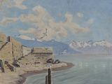 a painting of a bird flying over a body of water
