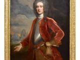 un vieux tableau représentant un homme vêtu d'un manteau rouge et tenant un pistolet