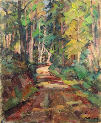 une peinture représentant un chemin de terre dans les bois, bordé d'arbres