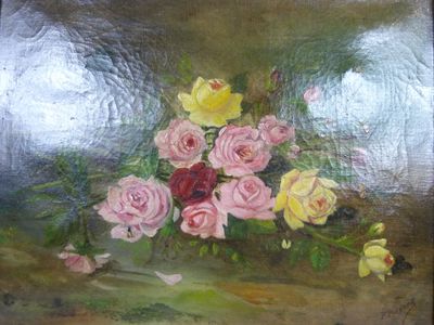 une peinture de roses dans un vase sur une table