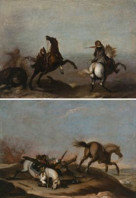 deux photos d'un tableau représentant un homme à cheval poursuivant un autre homme à cheval