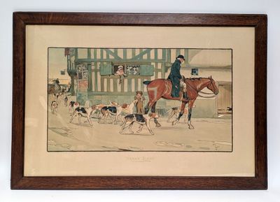 tableau représentant un homme à cheval, avec un groupe de chiens en arrière-plan