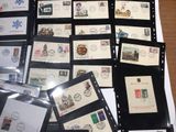 a lot of stamps on a table with a lot of them