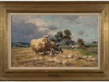 une image représentant un tableau où l'on voit un mouton et un chien dans un champ