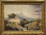 an image of a painting of a mountain scene with a house in the foreground