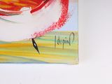 a painting of a red bird on a white surface