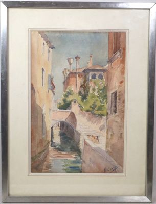 framed watercolor painting of a canal with buildings and a clock tower in the background