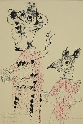 dessin représentant une femme et une girafe avec un oiseau sur la tête
