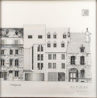 drawing of a drawing of a building with a clock on top of it