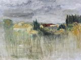 l'image d'une peinture représentant un champ avec une maison au loin
