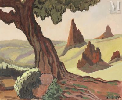 une peinture d'un arbre au milieu d'un champ