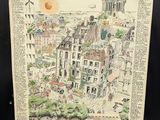 peinture représentant un journal sur lequel figure un dessin représentant une ville et un dôme
