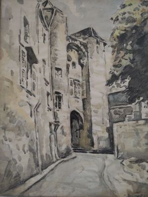 une peinture représentant une peinture d'un bâtiment accrochée au mur