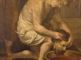 painting of a woman washing a child with a bowl of water