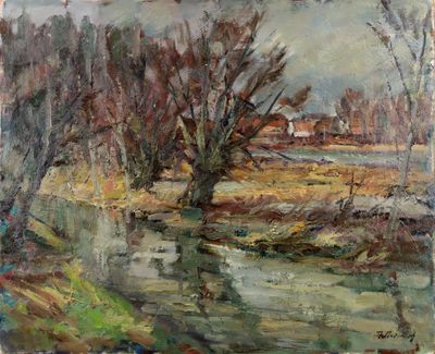 l'image d'une peinture représentant une rivière avec des arbres au premier plan
