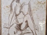 dessin représentant une femme assise par terre, les jambes croisées devant elle
