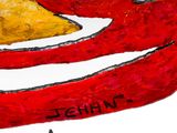 a painting of a red bird with a yellow beak