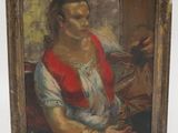 une peinture à l'huile représentant une femme vêtue d'un gilet rouge, assise sur un canapé