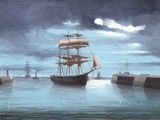 un tableau représentant un bateau sur l'eau, avec la pleine lune en arrière-plan