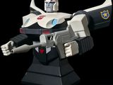 a black and white robot with a gun in his hand
