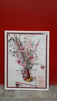 a picture of a painting of a vase of flowers on a table