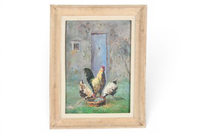 tableau représentant deux poulets devant une porte bleue sur un mur blanc