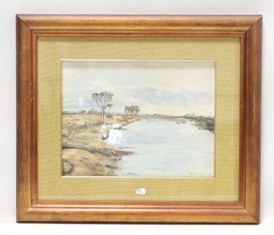 an image of a painting of a river with trees in the background
