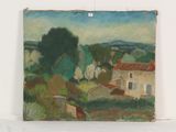 peinture représentant un paysage avec une maison et des arbres en arrière-plan