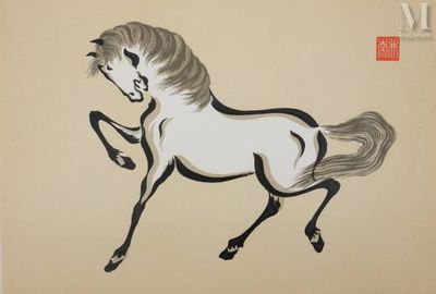 chinese ink painting of a white horse with a long mane