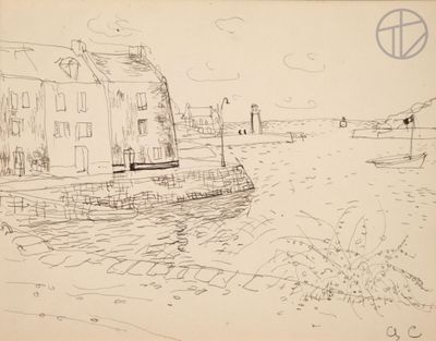 dessin représentant un bateau sur un plan d'eau, avec un bâtiment en arrière-plan