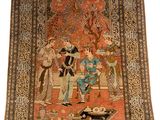 un tapis persan ancien représentant une femme et deux hommes dans un jardin