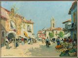 an oil painting of a street scene with a clock tower in the background