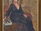 tableau représentant une femme en robe noire assise sur un canapé rouge