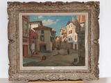 an image of a painting of a street scene with a horse drawn carriage