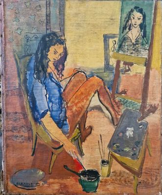 tableau représentant une femme assise sur une chaise devant un tableau représentant une femme