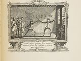 an old book with a drawing of a man holding a sword