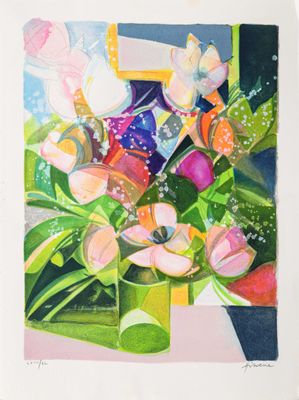 une peinture de fleurs dans un vase sur une table