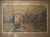 une vieille photo d'un village avec une tour horloge en arrière-plan