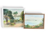 deux tableaux représentant des arbres au bord d'un lac