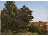 an image of a painting of a field with trees in the background