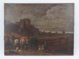 peinture représentant un paysage avec des chevaux et des personnages au premier plan